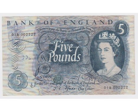 Fforde 5 Pounds issued 1967, very rare FIRST RUN '01A' prefix with nice serial number, serial 01A 002222 (B314, Pick375b) a f