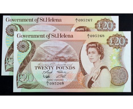 Saint Helena 20 Pounds (2) issued 1986, a consecutively numbered pair, serial A/1 095267 &amp; A/1 095268 (TBB B306a, Pick10a