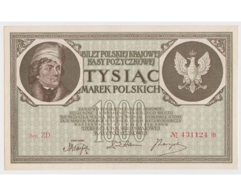 Poland 1000 Marek dated 17th May 1919, serial ZD. 431124 (Pick22) light signs of handling/dents, about Uncirculated