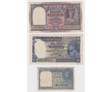 India &amp; Burma (3), King George VI portrait group, India 10 Rupees issued 1937 signed J.B. Taylor, 1 Rupee dated 1940, Bur