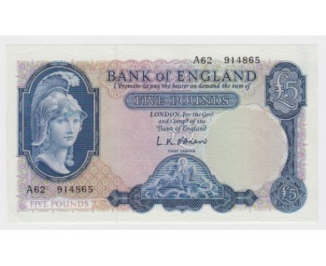 O'Brien 5 Pounds issued 1957, Lion &amp; Key, FIRST SERIES, serial A62 914865 (B277, Pick371a) very light signs of handling, 