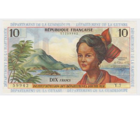 French Antilles 10 Francs issued 1964, signed Postel-Vinay and Clappier, serial Y.7 59942 (TBB B108b, Pick8b) very light sign