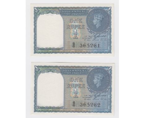 India 1 Rupee (2) dated 1940, King George VI portrait to right, a scarce consecutively numbered pair, serial B/6 365261 &amp;
