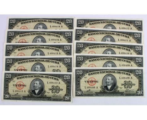 Cuba 20 Pesos (10) dated 1960, signed Che Guevara, a consecutively numbered run of 9 plus one other, serial L 408408 A - L 40