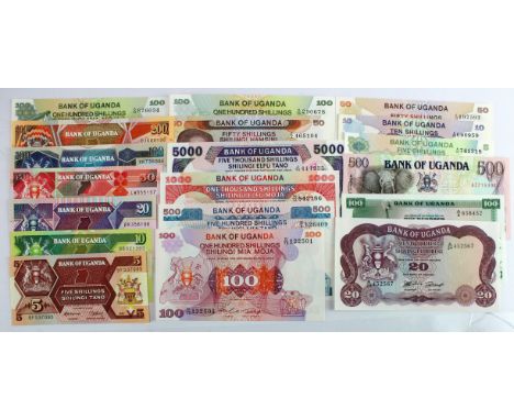 Uganda (19), a collection ranging from 5 Shillings to 500 Shillings, date range 1966 to 1991, including Idi Amin portrait, al