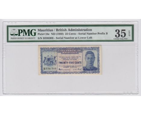 Mauritius 25 Cents issued 1940, portrait King George VI at right, serial B336306 (TBB B320a, Pick24c) in PMG holder graded 35