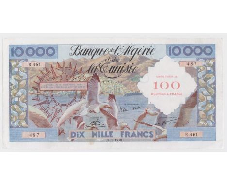 Algeria 100 Nouveaux Francs overprint on 10000 Francs dated 8th January 1958, serial R.461 487 (TBB B209a, Pick114) 4 pinhole
