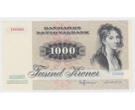 Denmark 1000 Kroner dated 1986, serial C2862B 3990804 (TBB B924e, Pick53f) very light signs of handling, about Uncirculated t