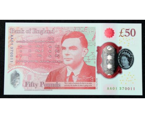 Sarah John 50 Pounds, new polymer issue with portrait of Alan Turing on reverse, a FIRST RUN 'AA01' prefix, serial AA01 37001