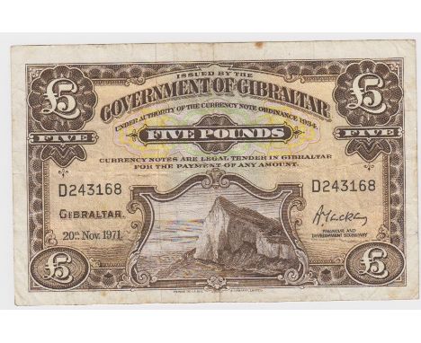 Gibraltar 5 Pounds dated 20th November 1971, serial D243168 (TBB B117g, Pick19b) small hole, light stains, Fine