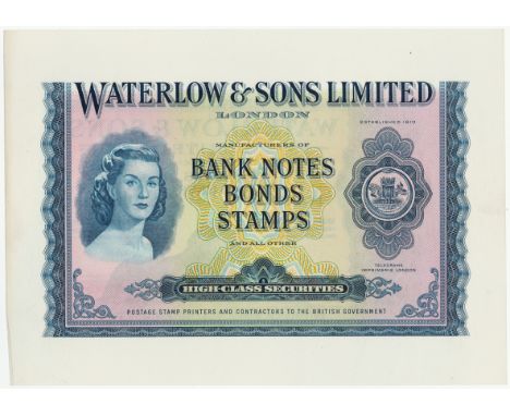 Waterlow &amp; Sons Limited advertising note, blue on one side with portrait of a lady at left, brown on the other side with 