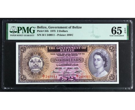 Belize 2 Dollars dated 1st June 1975, Queen Elizabeth II portrait at right, serial B/1 249911 (TBB B102b, Pick34b) in PMG hol