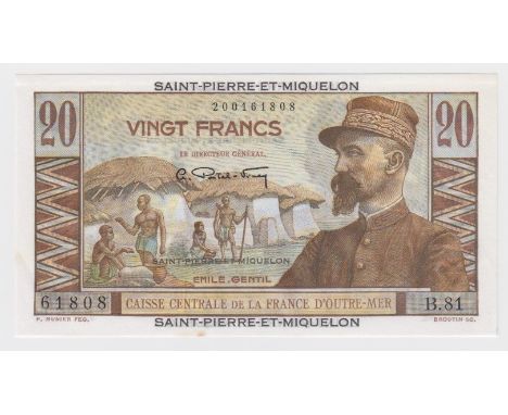 Saint Pierre &amp; Miquelon 20 Francs issued 1950 - 1960, serial B.81 61808 (Pick24) small light foxing spot in bottom border