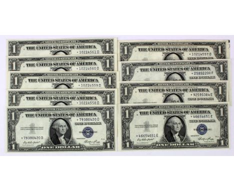 USA America 1 Dollar Silver Certificate (9), all REPLACEMENT/STAR notes, dated Series 1935 E, a run of 5 consecutive numbers 