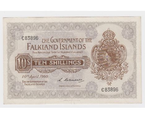 Falkland Islands 10 Shillings dated 10th April 1960, portrait Queen Elizabeth II at right, serial C83896 (TBB B212a, Pick7a) 