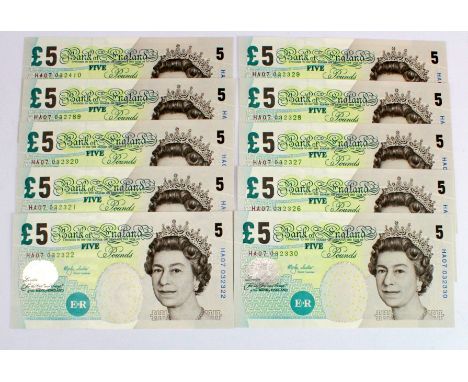 Lowther 5 Pounds (10) issued 2002, all FIRST SERIES notes, some consecutively numbered notes, with full halo (B393, Pick391a)