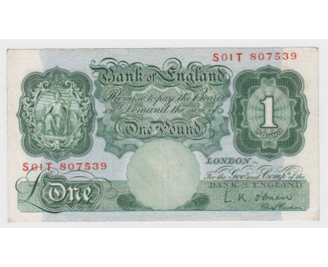 O'Brien 1 Pound issued 1955, scarce FIRST RUN REPLACEMENT note 'S01T' prefix, serial S01T 807539 (B274, Pick369c) Fine+ and a