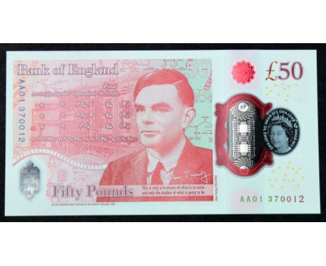 Sarah John 50 Pounds, new polymer issue with portrait of Alan Turing on reverse, a FIRST RUN 'AA01' prefix, serial AA01 37001