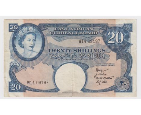 East African Currency Board 20 Shillings issued 1958 - 1960, portrait Queen Elizabeth II top left, serial W14 09197 (TBB B229