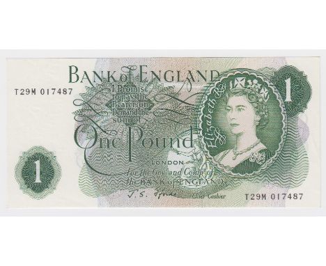 Fforde 1 Pound issued 1967, exceptionally rare FIRST MID RUN REPLACEMENT note 'T29M' prefix, scarcer issue with 'G' on revers