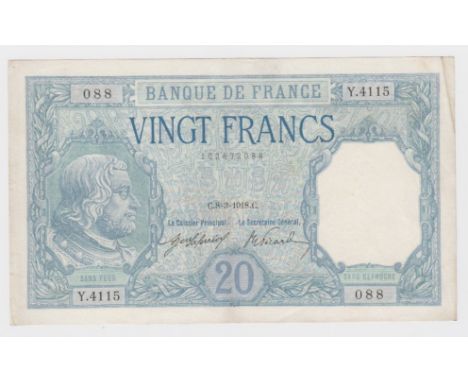 France 20 Francs dated 8th March 1918, portrait Bayard at left, serial Y.4115 088 (Pick74) nice crisp VF to VF+, seldom seen 