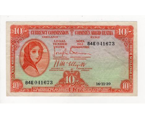 Ireland Republic 10 Shillings dated 16th November 1939, Currency Commission, scarce early date, Lady Lavery portrait at left,