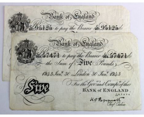 Peppiatt 5 Pounds (2), scarcer WAR DATES, 2nd April 1942 serial C/237 95125, London issue and 30th January 1943 serial C/319 