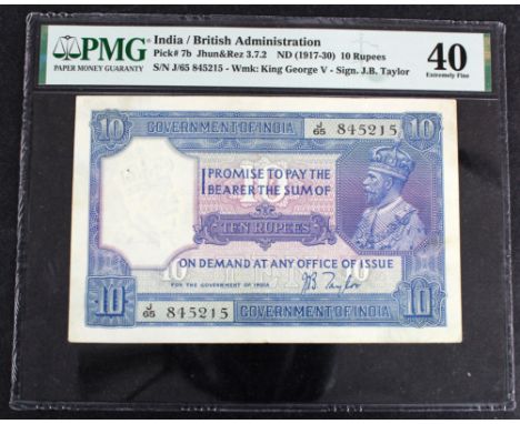 India 10 Rupees issued 1917 - 1930, King George V portrait, signed J.B. Taylor, serial J/65 845215 (TBB B141b, Pick7b) in PMG