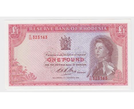 Rhodesia 1 Pound dated 14th October 1968, portrait Queen Elizabeth II at right, serial K/30 323163 (TBB B105d, Pick28d) very 