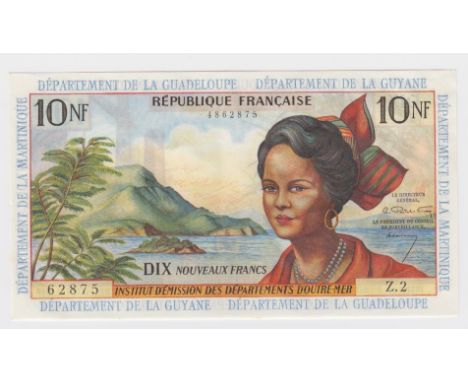 French Antilles 10 Nouveaux Francs issued 1963, signed Postel-Vinay and Calvet, serial Z.2 62875 (TBB B105a, Pick5a) one set 