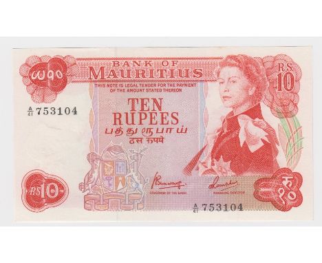 Mauritius 10 Rupees issued 1967, portrait Queen Elizabeth II at right, serial A/41 753104 (TBB B402c, Pick31c) Uncirculated