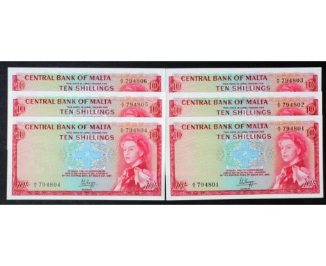 Malta 10 Shillings (6) issued 1968, a superb consecutively numbered run of Uncirculated notes, Queen Elizabeth II portrait at