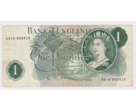O'Brien 1 Pound issued 1960, scarce EXPERIMENTAL note FIRST SERIES 'A01N' prefix, serial A01N 060919, with letter 'R' (resear