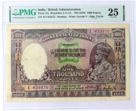 India 1000 Rupees, Government of India, Portrait of King George V at right, issued 1928 signed J.B. Taylor, BOMBAY branch, se