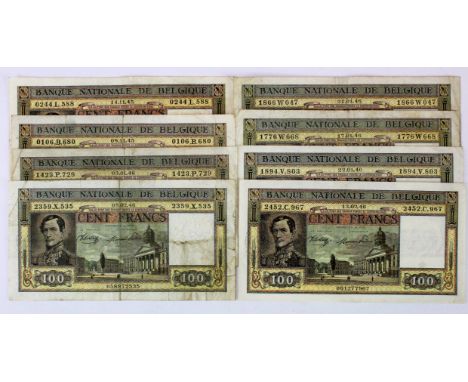 Belgium 100 Francs (8) dated 1945 &amp; 1946, portrait Leopold I at left (TBB B575a, Pick126) mixed grades Fine to VF+