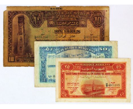 Syria (3), 10 Livres dated 1st September 1939, serial L/B 037286 (TBB B303a, Pick42a) splits/holes, small edge tear/nicks, sm