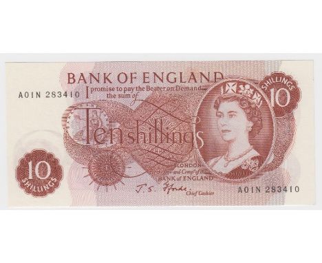 Fforde 10 Shillings issued 1967, FIRST RUN 'A01N' prefix, serial A01N 283410 (B310, Pick373c) centre fold EF