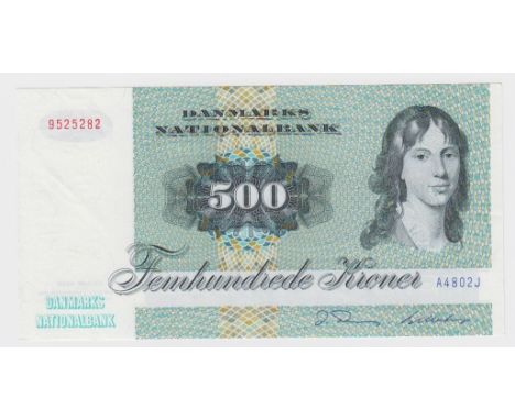 Denmark 500 Kroner dated 1980, serial A4802J 9525282 (TBB B923c, Pick52c) some light dents in paper, about Uncirculated