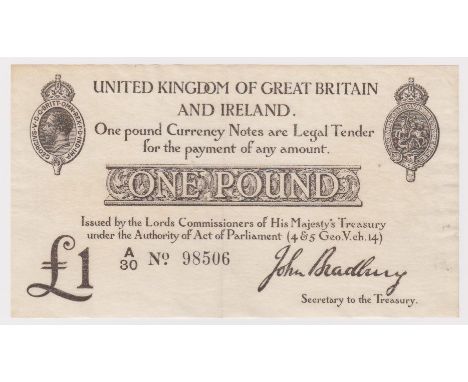 Bradbury 1 Pound issued 23rd October 1914, FIRST SERIES 'A' prefix, serial A/30 98506 (T11.1, Pick349a) pressed about EF look