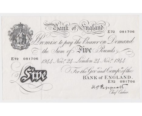Peppiatt 5 Pounds dated 24th November 1944, serial E72 081706, London issue on thick paper (B255, Pick342) light signs of han