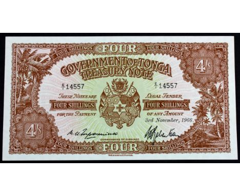 Tonga 4 Shillings dated 3rd November 1966, serial E/1 14557 (TBB B109x, Pick9e) light dents in paper, about Uncirculated to U
