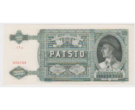 Slovakia 500 Korun dated 12th July 1941, serial 2Ip 006788 (TBB B305a, Pick12a) very light signs of handling, about Uncircula