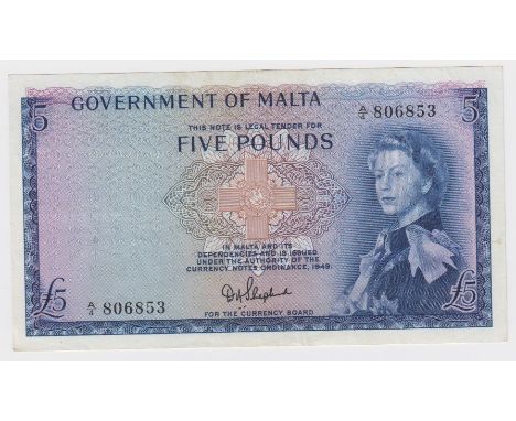 Malta 5 Pounds issued 1961, Queen Elizabeth II portrait at right, signed D.A. Shepherd, serial A/4 806853 (TBB B126a, Pick27a