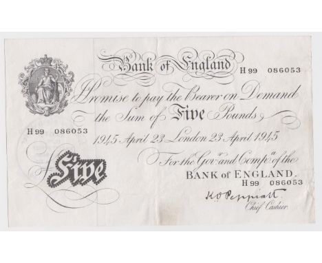 Peppiatt 5 Pounds dated 23rd April 1945, rarer PREFIX '99', serial H99 086053, London issue on thick paper (B255, Pick342) on