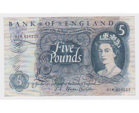 Fforde 5 Pounds issued 1967, rare FIRST RUN REPLACEMENT note '01M' prefix, serial 01M 420223 (B315, Pick375b) Fine