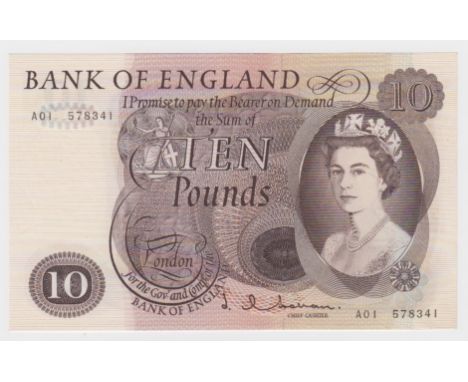 Hollom 10 Pounds issued 1964, rare FIRST RUN 'A01' prefix, serial A01 578341 (B299, Pick376a) about Uncirculated