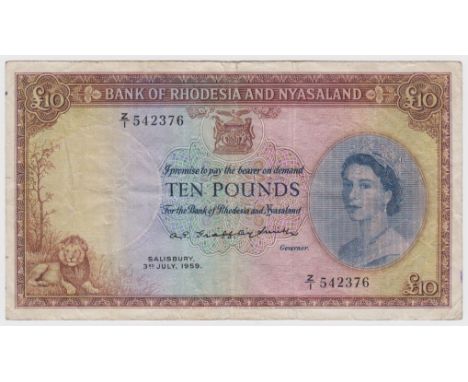 Rhodesia &amp; Nyasaland 10 Pounds dated 3rd July 1957, very rare highest denomination note of this issue, portrait Queen Eli