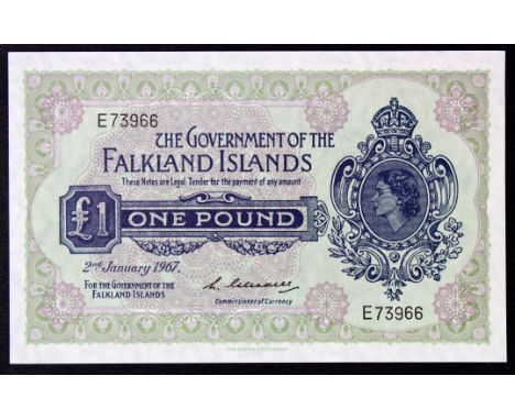 Falkland Islands 1 Pound dated 2nd January 1967, rarer first date of issue, serial E73966 (TBB B213a, Pick8a) light dents in 