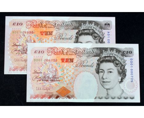 Kentfield 10 Pounds (2) issued 1992 &amp; 1993, both FIRST RUN notes with LOW numbers, serial A01 001996 &amp; DD01 000735 (B
