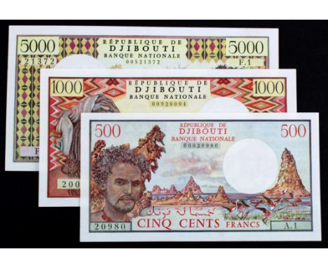 Djibouti (3), 5000 Francs issued 1979 rarer issue without signature (TBB B103a, Pick38a), 1000 Francs issued 1979 rarer issue